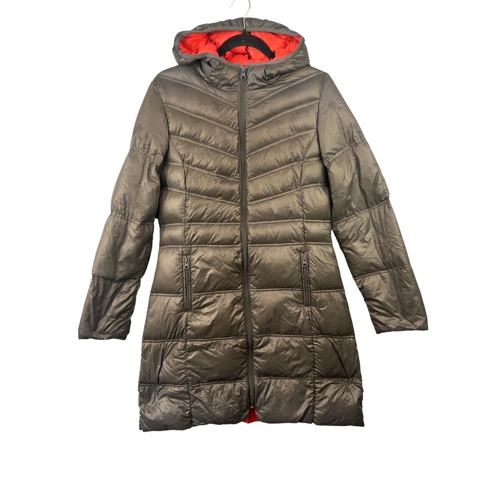 Bernardo Goose Down Packable Long Hooded Coat SZ M Charcoal Gray